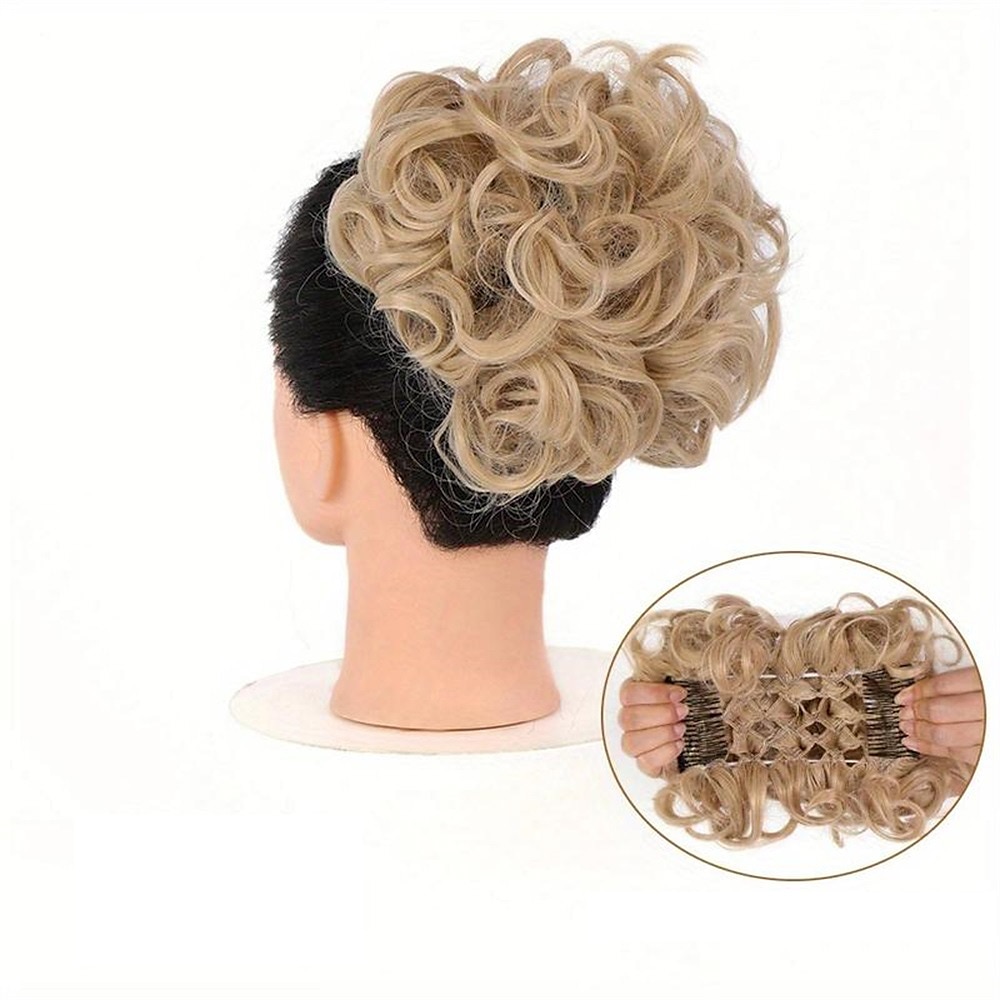 mariée gros chignon en désordre, chignon bouclé synthétique avec clips de peigne, queue de cheveux couverture chignon extension de queue de cheval faux cheveux naturels de 2025 ? $11.99 –P11