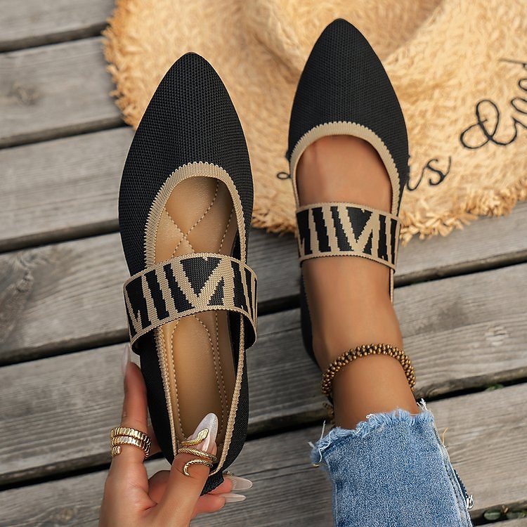 Women's Black Knit Mary Jane Flats – Pointed Toe Stretch Fabric Casual Shoes with Geometric Straps for Work, Travel & Daily Wear 2025 - $19.99 –P13