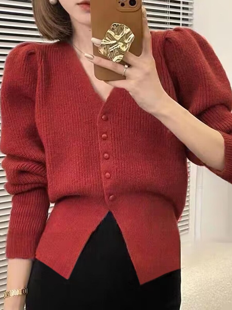 Women's Cardigan Sweater Jacket V Neck Ribbed Knit Polyester Button Knitted Fall Winter Regular Outdoor Christmas Daily Stylish Casual Soft Long Sleeve Solid Color Red Purple Khaki S M L 2023 - US $37.99 –P1