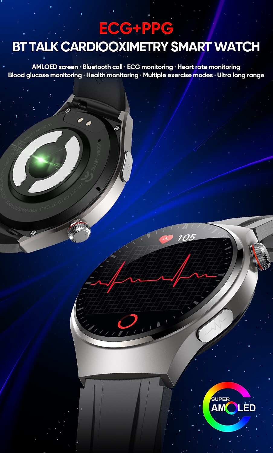 2025年 iMosi MT200 スマートウォッチ 1.43 インチ スマート·ウォッチ ブルートゥース ECG + PPG 温度監視 歩数計 と互換性があります Android iOS 女性 男性 長時間スタンバイ ハンドフリーコール 防水 IP 67 48mmウォッチケース  コレクション – $68.99 –P1