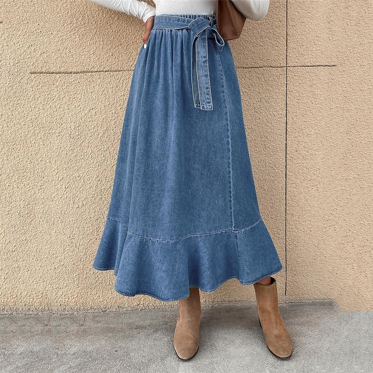 Per donna Gonna Linea A Altalena a dondolo Di tendenza Informale Maxi Vita alta Gonne Tinta unita Con balze Strada Giornaliero Blu Inverno Denim del 2025 a $32.99 –P1