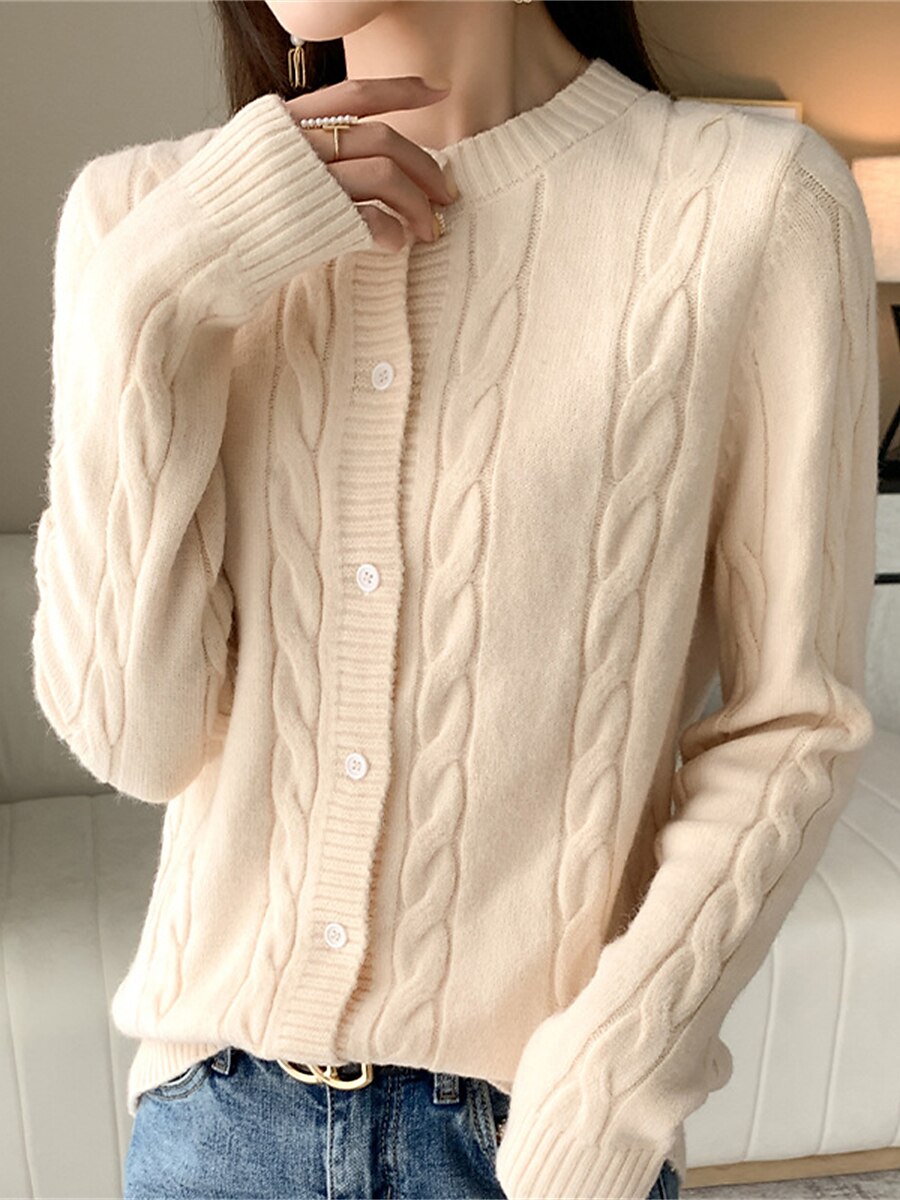 Women's Cardigan Sweater Jacket Crew Neck Cable Knit Polyester Button Knitted Fall Winter Regular Outdoor Daily Going out Fashion Streetwear Casual Long Sleeve Solid Color off white Black Camel S M L 2023 - US $28.99 –P5