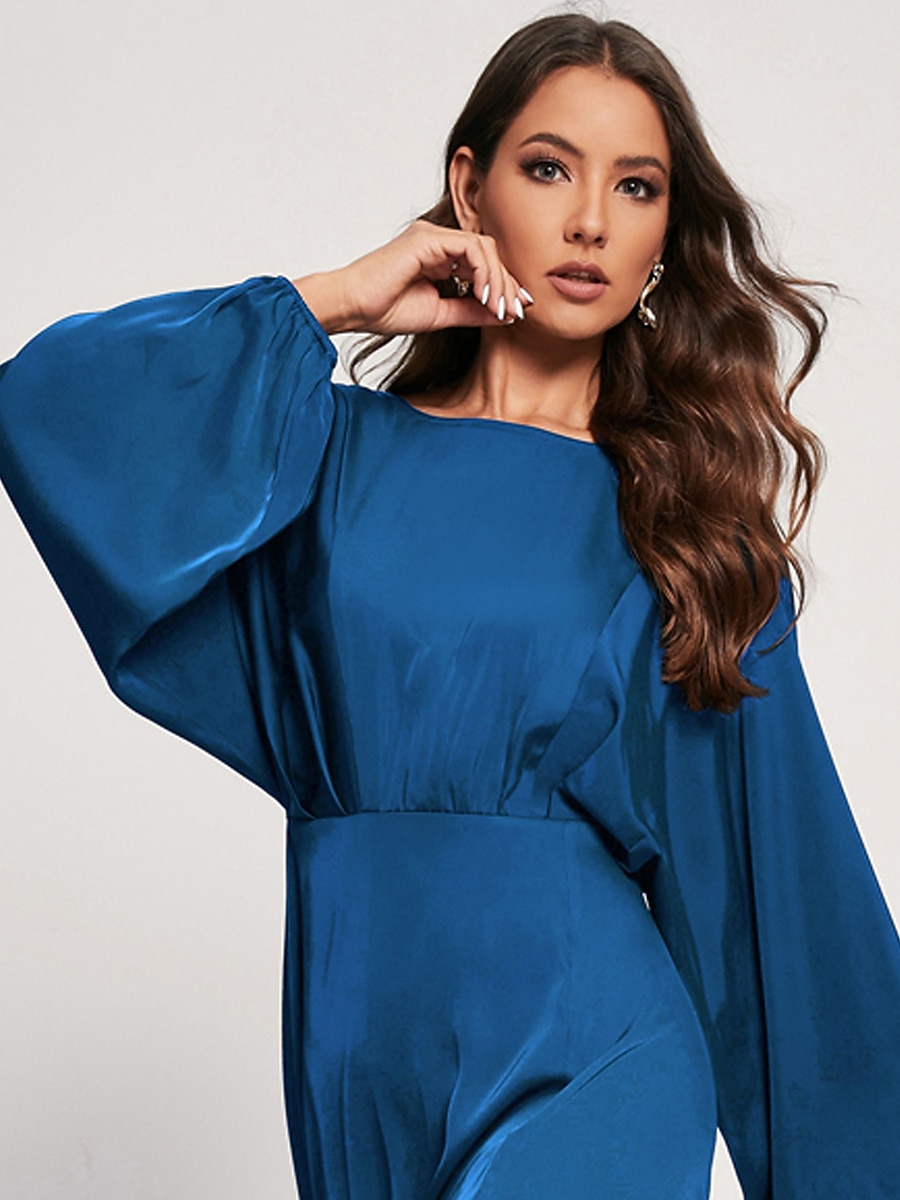 kvinnors gästklänning för bröllop koboltblå elegant cocaktail midiklänning satin dolman långärmad främre slits båthals 2026 - $71.99 –P3