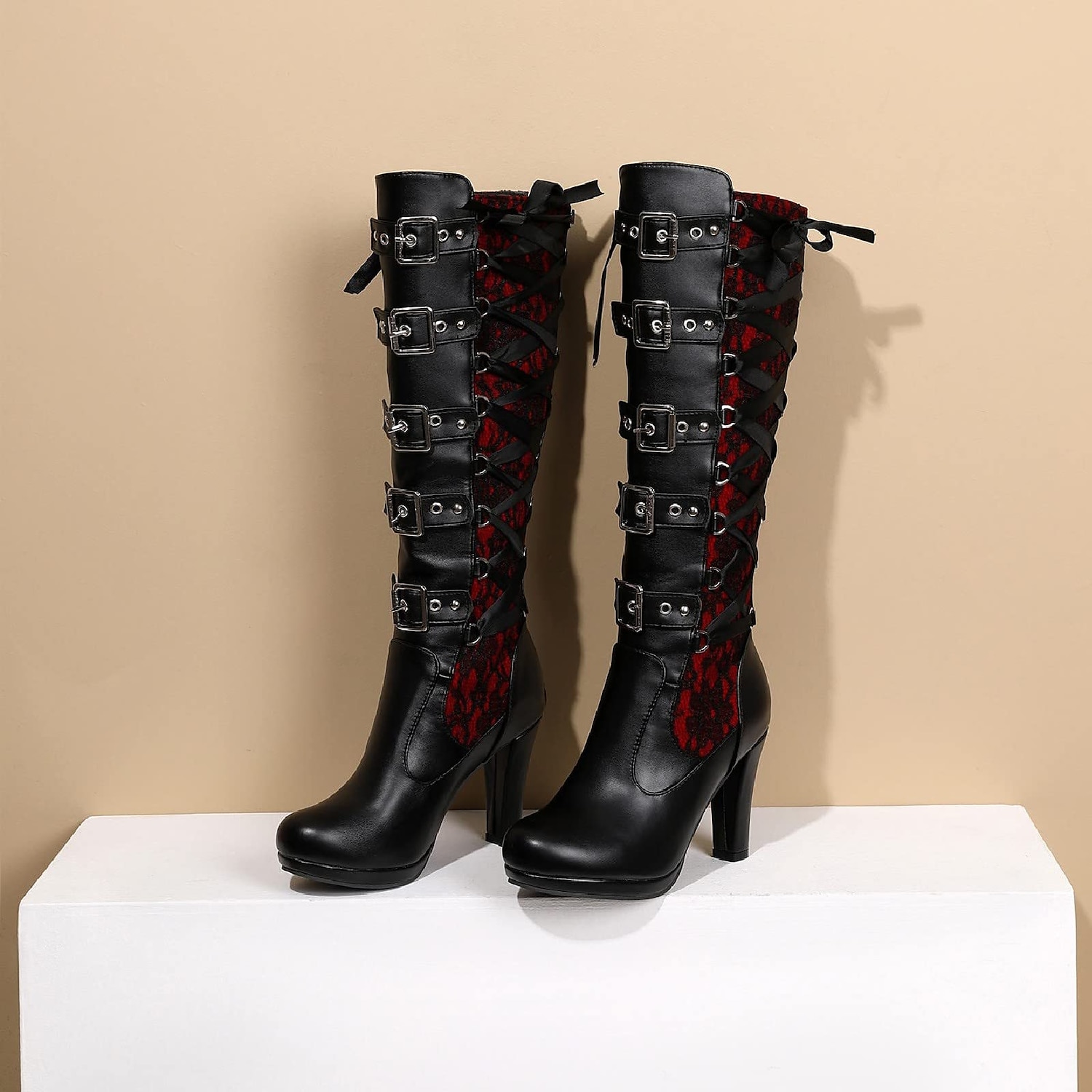 Women's Gothic Lace-Up High Heel Knee-High Boots with Multiple Buckle Straps - Steampunk Style Black Leather Boots with Red Lace Detailing, Perfect for Cosplay and Halloween 2025 - $79.99 –P1