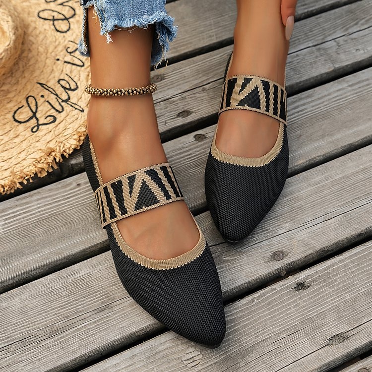 Women's Black Knit Mary Jane Flats – Pointed Toe Stretch Fabric Casual Shoes with Geometric Straps for Work, Travel & Daily Wear 2025 - $19.99 –P11