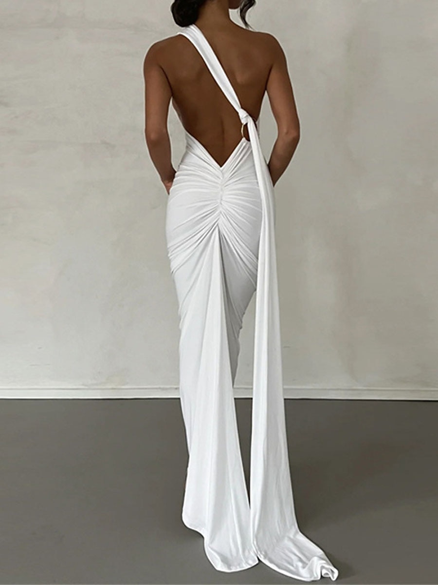 Femme robe blanche robe noire Robe de bal Ruché Dos Nu Une Epaule Sans Manches robe demoiselle d honneur Occasion spéciale Noir Blanche Printemps Hiver de 2025 ? $33.99 –P11