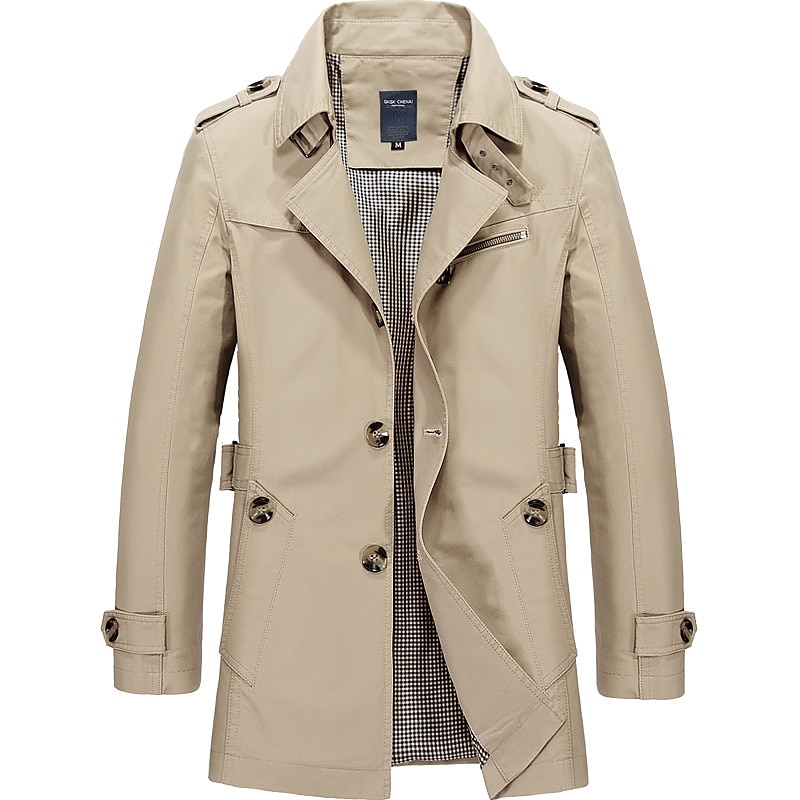 Herr Övergångsjacka Trenchcoat Utomhus Alla årstider Polyester Vindtät jacka Ytterkläder Kläder Streetwear Slät Framficka Kavajslag Enkelknäppt 2025 - $45.99 –P7