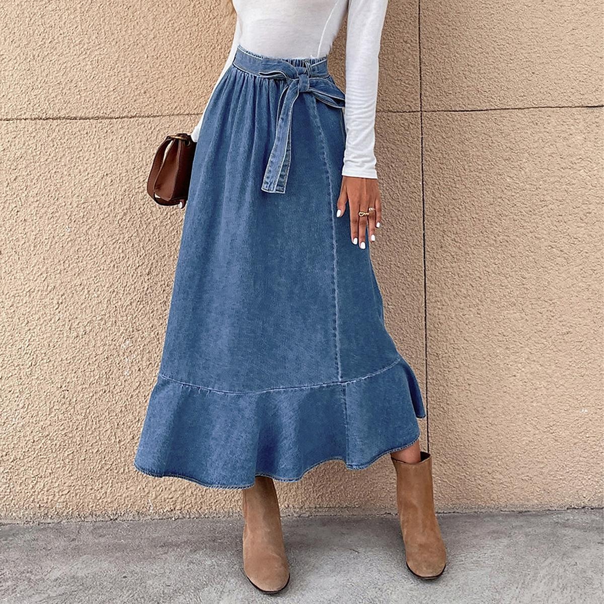 Per donna Gonna Linea A Altalena a dondolo Di tendenza Informale Maxi Vita alta Gonne Tinta unita Con balze Strada Giornaliero Blu Inverno Denim del 2025 a $32.99 –P3