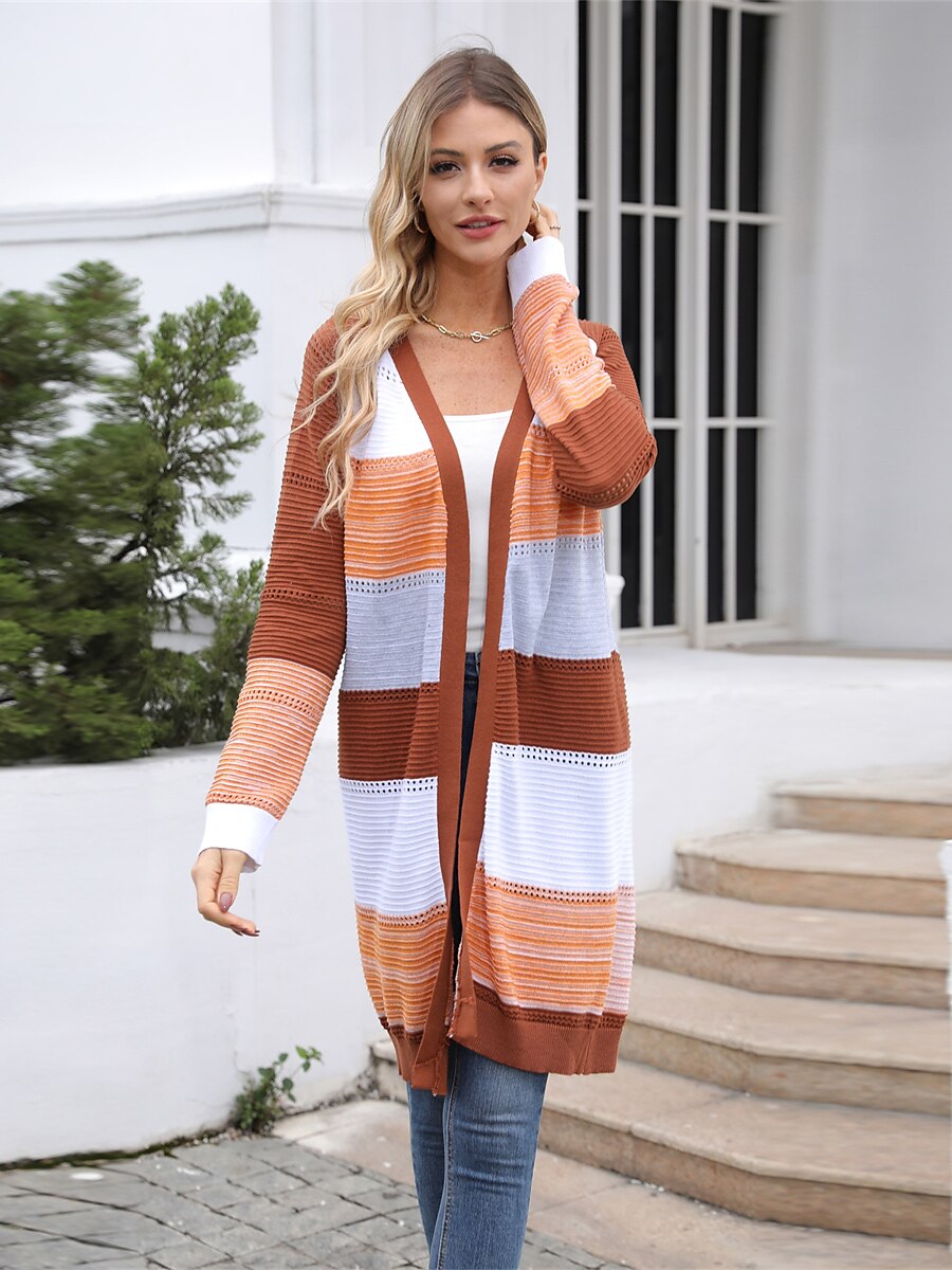 Women's Cardigan Open Front Ribbed Knit Polyester Knitted Hole Fall Winter Long Outdoor Daily Going out Stylish Casual Soft Long Sleeve Color Block Black Wine Purple S M L 2023 - US $32.99 –P1