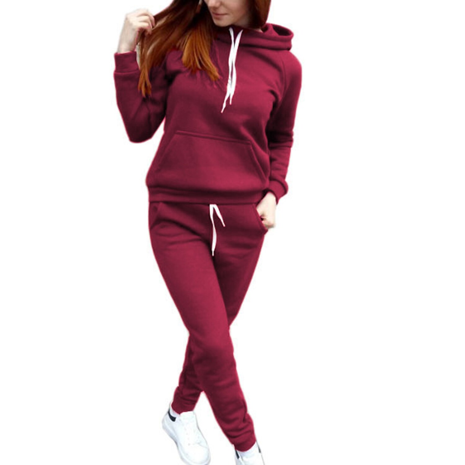 Women's Warm Sports Hoodie Tracksuit Pants Sets Joggers Pants Trousers Long Sleeve Hooded Solid Color Drawstring Outdoor Casual Black Pink Wine Fall & Winter Regular Fit 2025 - $31.99 –P6