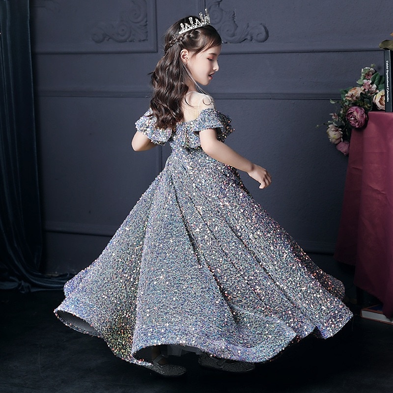 Blomsterpikekjole Jente Kjole Aftenkjole Festkjole Bryllup Fest søt stil Prinsesse Rynket Netting Kortermet Crew-hals Sølv Svart 3-12 år 2025 - $84.99 –P10