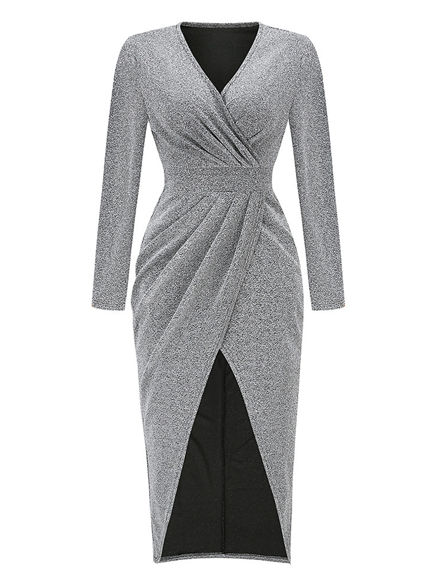 Mulheres Vestido preto Vestido de festa Vestido de convidada de casamento Franzido Fenda Decote V Manga Longa Formal Roupa de inverno Prata Preto Primavera Inverno de 2026 por $38.99 –P5
