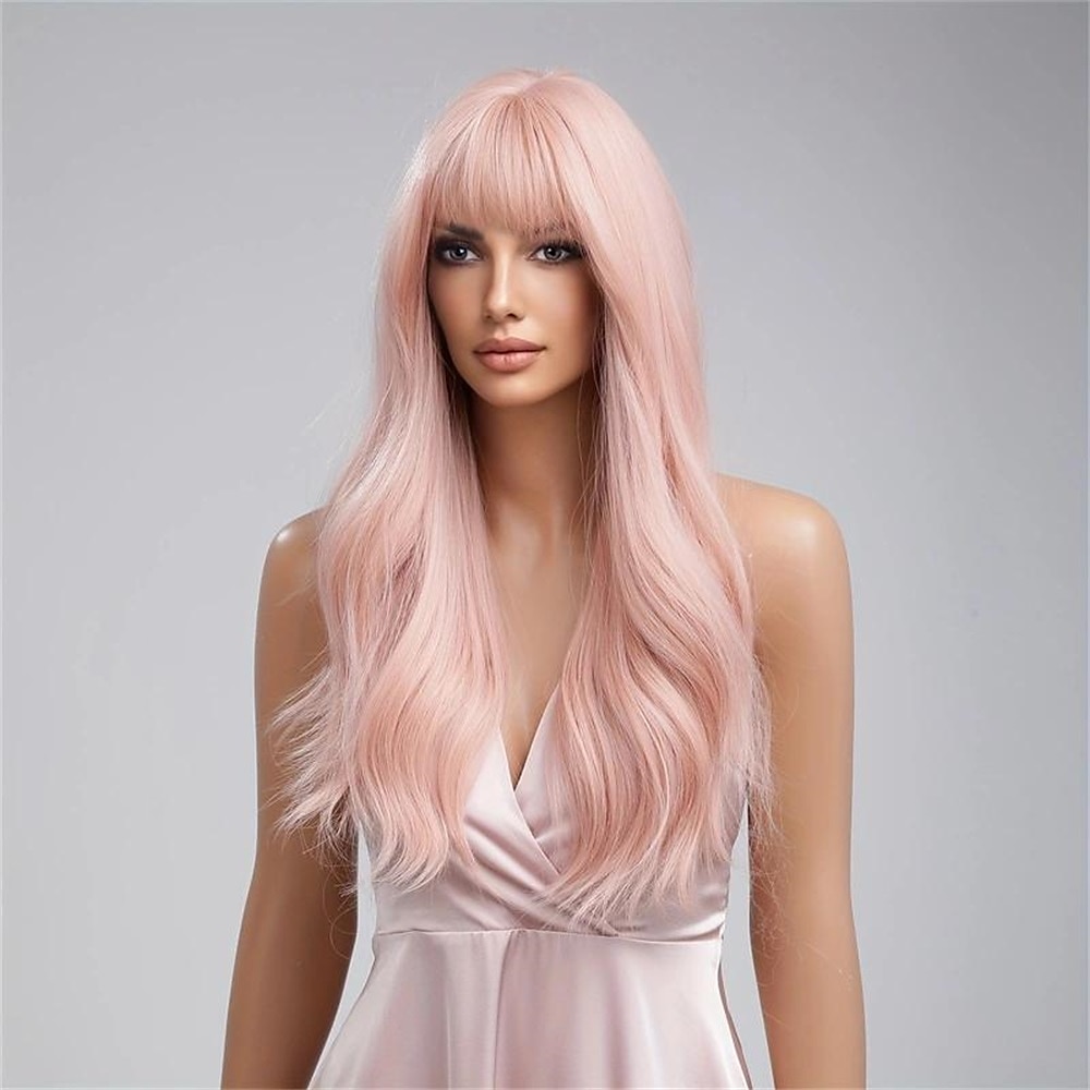 perruque synthétique bouclée perruque bang soignée long brun rose cheveux synthétiques design à la mode pour femmes naturel facile à transporter rose brun perruques de fête de Noël de 2025 ? $21.99 –P3