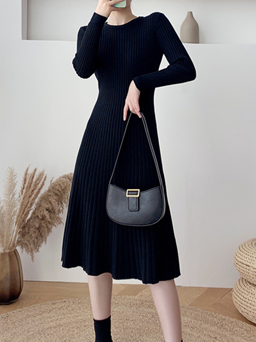 Women's Sweater Dress Jumper Dress Casual Dress Midi Dress Fashion Pure Color Outdoor Daily Going out Crew Neck Long Sleeve 2023 Slim Black Blue Apricot One Size 2023 - US $34.99 –P4