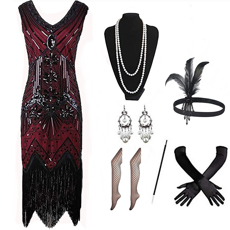 Rugido 20s 1920s Hasta la Rodilla Vestido Flapper Accesorios Diadema de estilo flapper Sin Mangas El gran Gatsby Invitado a la boda Lentejuelas Borlas Escote en Pico Disfraz Mujer Navidad Carnaval 2026 - $48.99 –P4