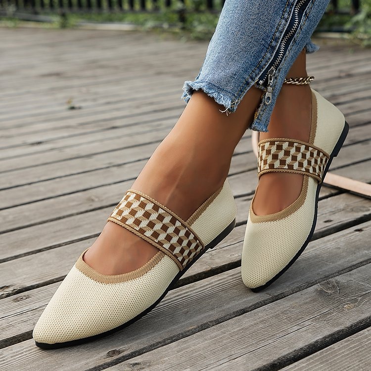 Women's Black Knit Mary Jane Flats – Pointed Toe Stretch Fabric Casual Shoes with Geometric Straps for Work, Travel & Daily Wear 2025 - $19.99 –P1