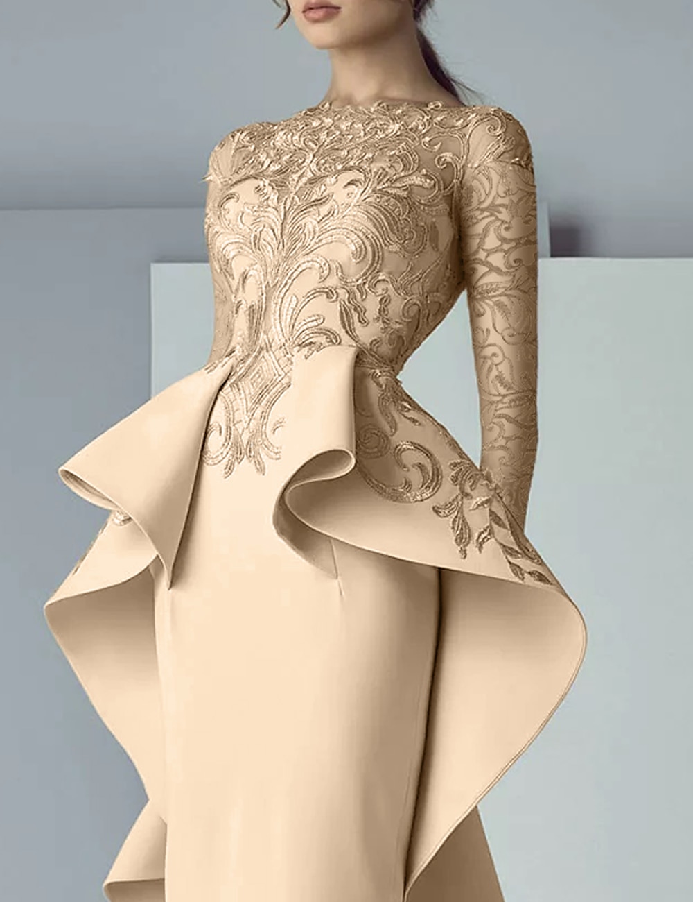 Sheath Mother of the Bride Dress Formal Wedding Guest Elegant Party Scoop Neck Floor Length Lace Stretch Fabric Long Sleeve Ruffles Appliques free custom size 2025 - $227.99 –P3