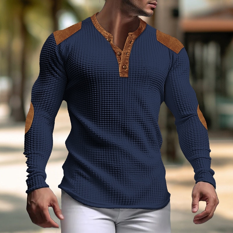 Pánské Vaflové tričko Tričko s knoflíkem Tričko Waffle Henley košile Dlouhý rukáv Henley Jaro & podzim Barevné bloky Módní Designové Základní Slátanina Dovolená ulice Jdeme ven Černá Bílá Námořnick 2025 - $21.99 –P3