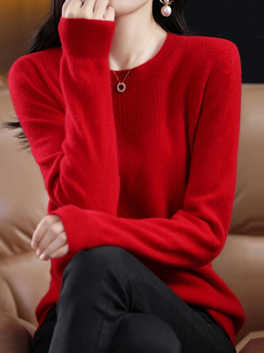 Dam Pullover tröja Mode Streetwear Ledigt Ensfärgat Ribbad Rund hals Stickat Långärmad Vanliga toppar Sticka Utomhus Hem Dagligen Körsbärsröd Räkor Rosa Höst Vinter 2025 - $27.99 –P9
