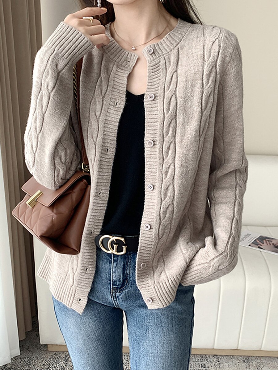 Women's Cardigan Sweater Jacket Crew Neck Cable Knit Polyester Button Knitted Fall Winter Regular Outdoor Daily Going out Fashion Streetwear Casual Long Sleeve Solid Color off white Black Camel S M L 2023 - US $28.99 –P13