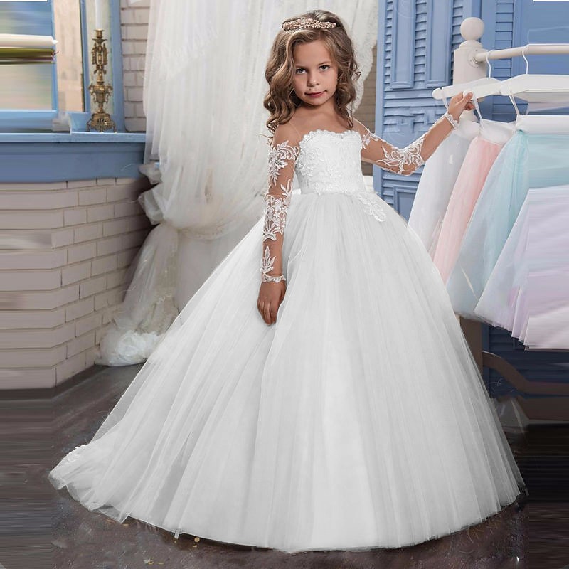 Blumenmädchenkleid Mädchen Prinzessinenkleid Kleid für die Erstkommunion Party Kleid Leistung Hochzeit Party Prinzessin Süß Gitter Feste Farbe Langarm Rundhalsausschnitt Weiß Elfenbein 2-12 Jahre 2025 - $73.99 –P4