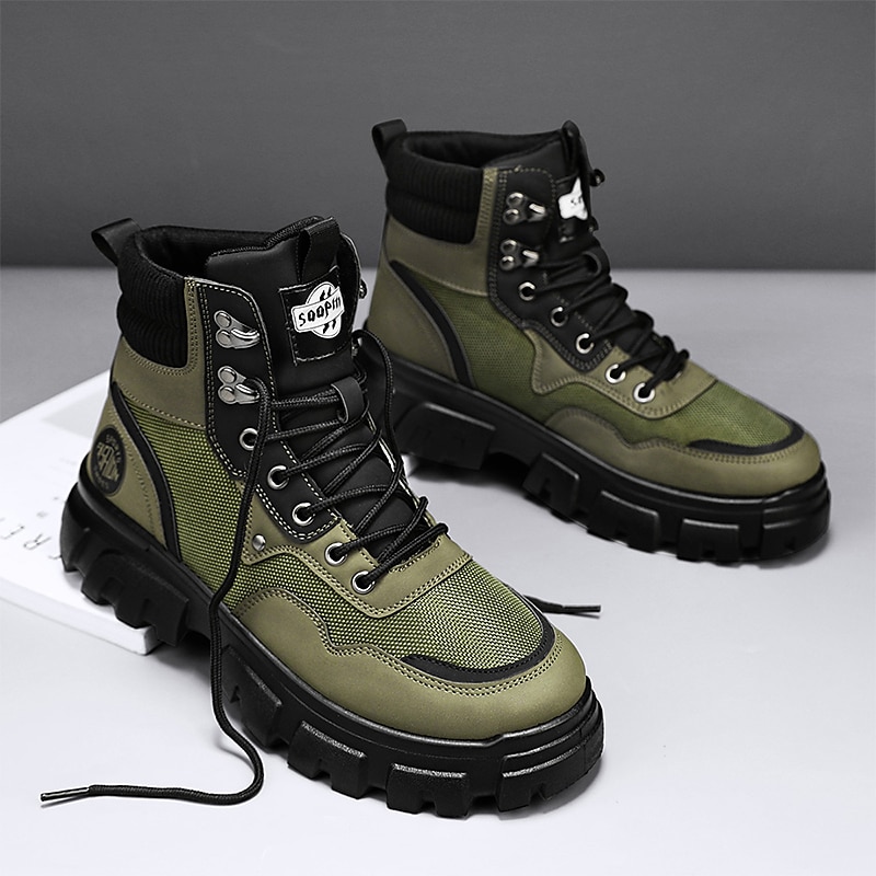 Men's Boots Work Boots Walking Vintage Casual Daily PU Height Increasing Mid-Calf Boots Lace-up Black Yellow Green Fall Winter 2023 - AED 179.99 –P6
