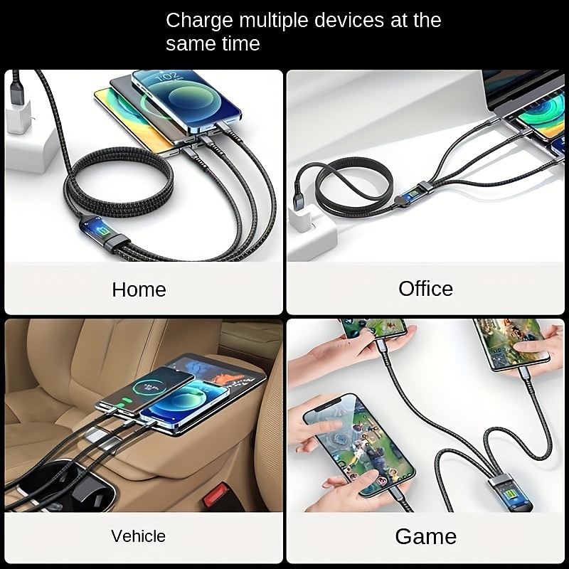 2025年 3-in-1 100 ワット高速充電ケーブルスマート超高速充電サポートマルチインターフェイス充電 USB ビジュアルパワー充電ケーブル Apple サムスン Oppo と互換性のある車の高速充電ケーブル  コレクション – $13.99 –P2