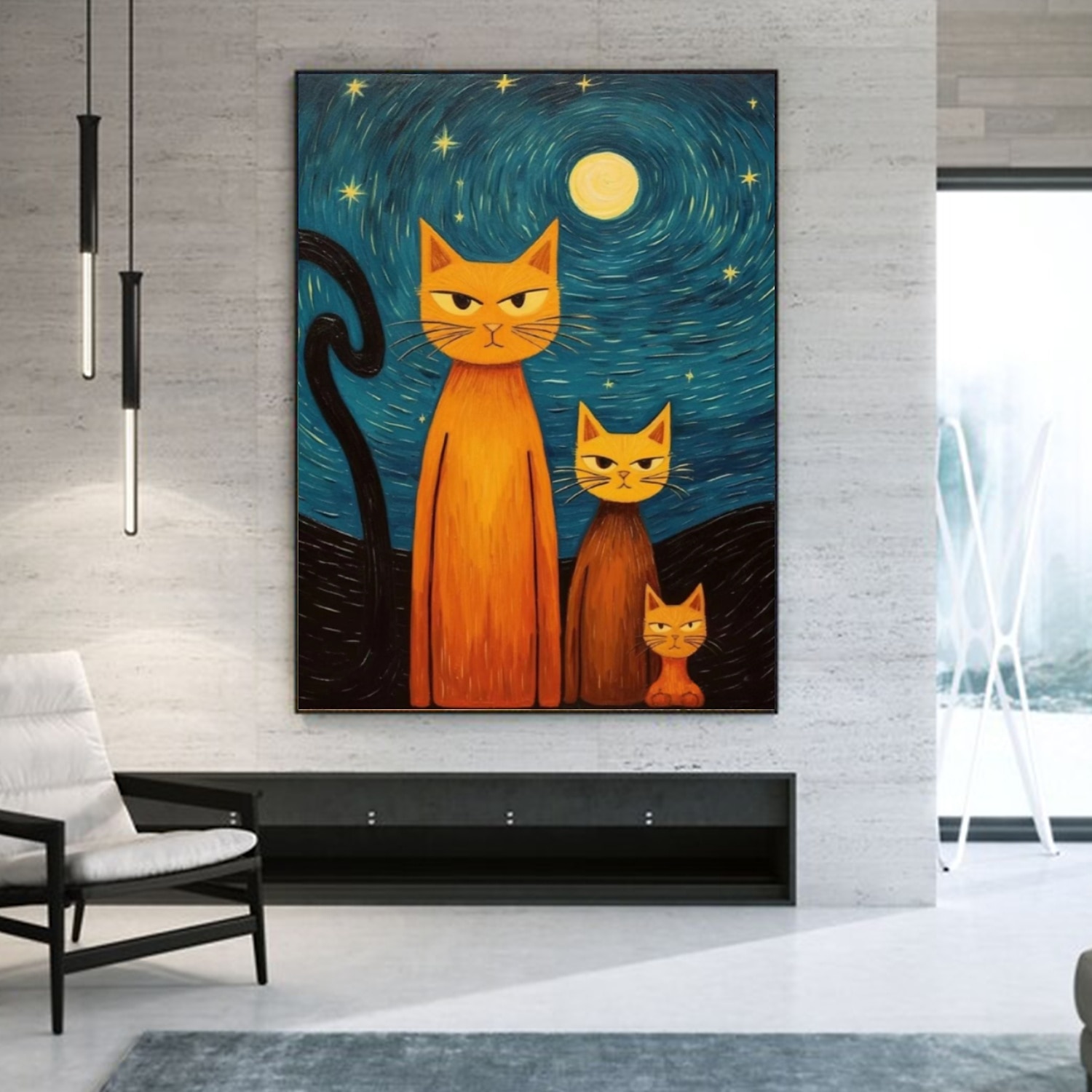 handgemalter Ölgemälde, Leinwand, Wandkunst, Dekoration, abstraktes Messergemälde, Sternenkatze im Van-Gogh-Stil, für Heimdekoration, gerolltes, rahmenloses, ungedehntes Gemälde 2025 - $178.99 –P4