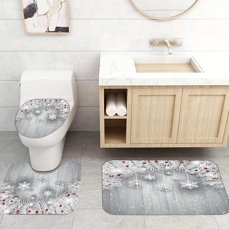 2025年 クリスマス雪の結晶シャワーカーテン、滑り止めラグ、トイレ蓋カバー&バスマット、メリークリスマスバスルーム装飾、防水シャワーカーテン、フック12個付き、クリスマスデコレーション。  コレクション – $23.99 –P4