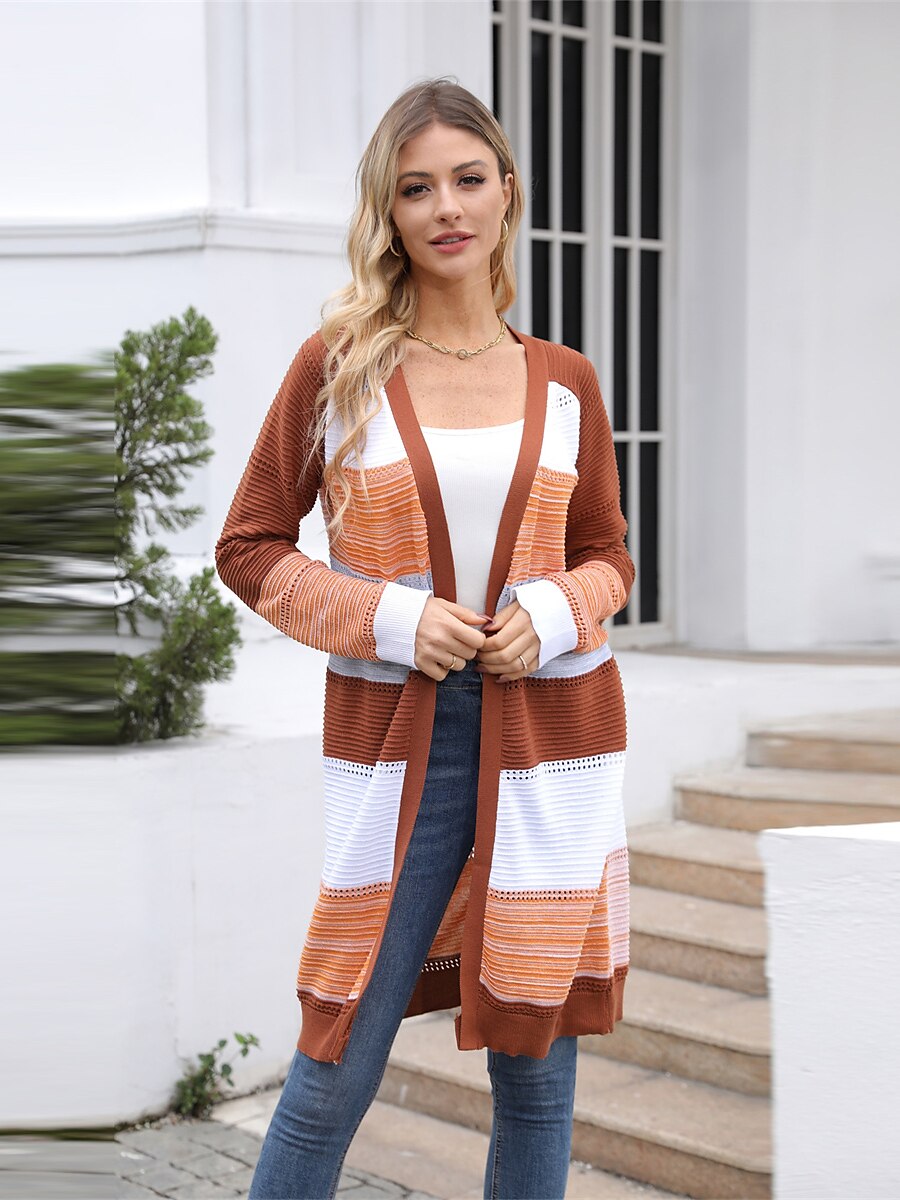Women's Cardigan Open Front Ribbed Knit Polyester Knitted Hole Fall Winter Long Outdoor Daily Going out Stylish Casual Soft Long Sleeve Color Block Black Wine Purple S M L 2023 - US $32.99 –P3
