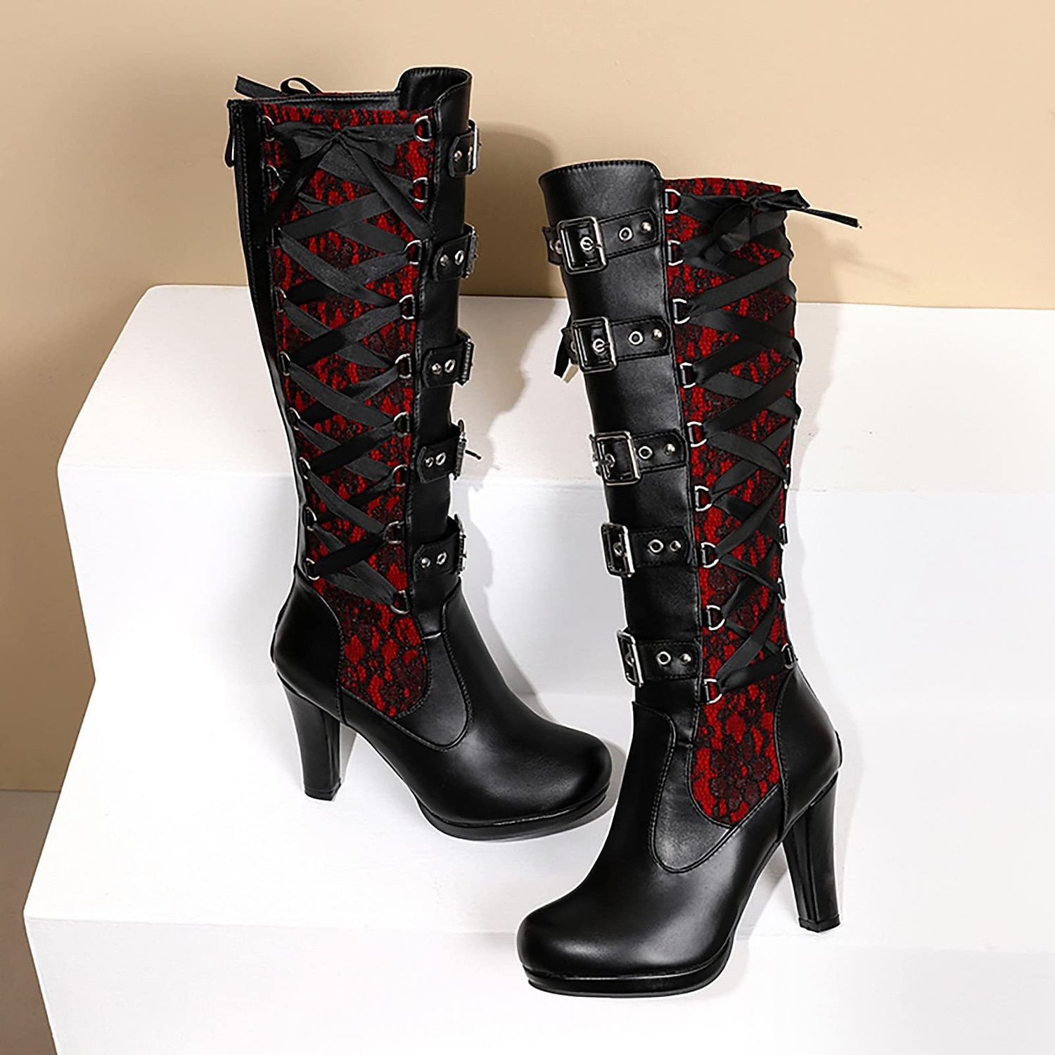 Women's Gothic Lace-Up High Heel Knee-High Boots with Multiple Buckle Straps - Steampunk Style Black Leather Boots with Red Lace Detailing, Perfect for Cosplay and Halloween 2025 - $79.99 –P2