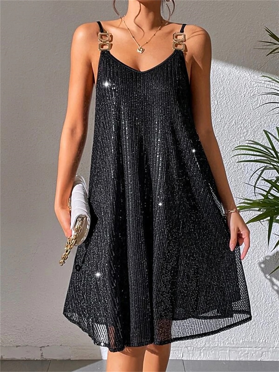 Women's Black Dress Sequin Dress Party Dress Sequins Ruched Spaghetti Strap Sleeveless Mini Dress Winter Dress Wedding Guest Black Fall Winter 2025 - $29.99 –P6