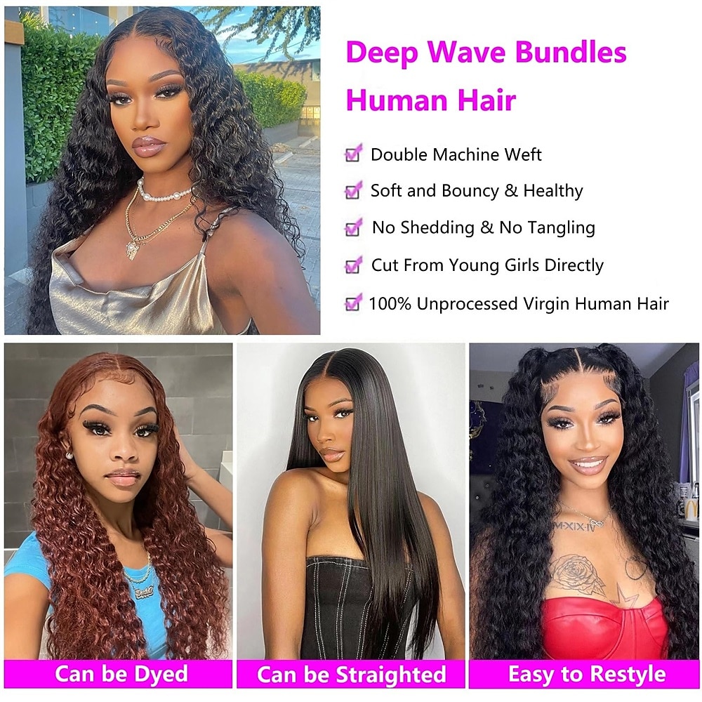Deep Wave Bundles Human Hair 3 Bundles 16 18 20 Inch 10A Brazilian 100% Unprocessed Virgin Human Hair Wet and Wavy Bundles Deep Curly Weave Human Hair Extensions Natural Black 2025 - $131.99 –P5