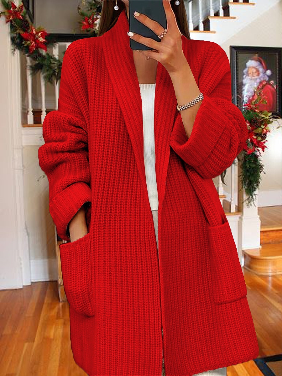 Women's Cardigan Cardigan Coat Shirt Collar Ribbed Knit Polyester Knitted Front Pocket Fall Winter Long Outdoor Holiday Going out Stylish Casual Soft Long Sleeve Pure Color Red Green S M L 2023 - US $41.99 –P1