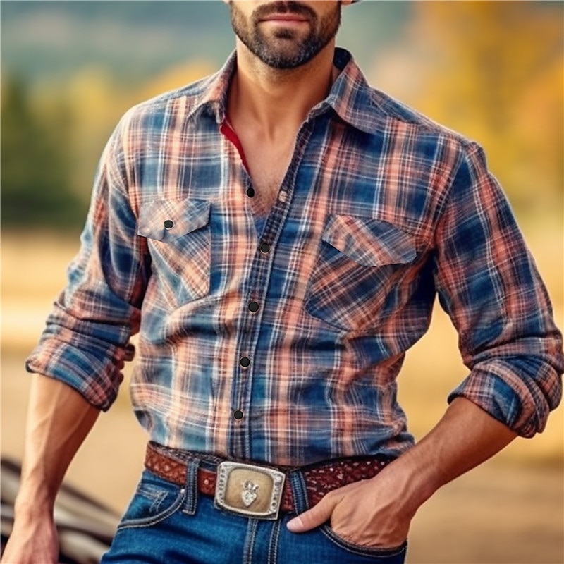 Férfi Kockás Nyugati ing Gombos póló Cowboy ing Hosszú ujj Szüret Nyugati Hétköznapi viselet Tavasz Ősz & tél Térfogatcsökkenés Galléros ingek 3D nyomtatás Elülső zseb Királykék Medence 2025 - $32.99 –P1