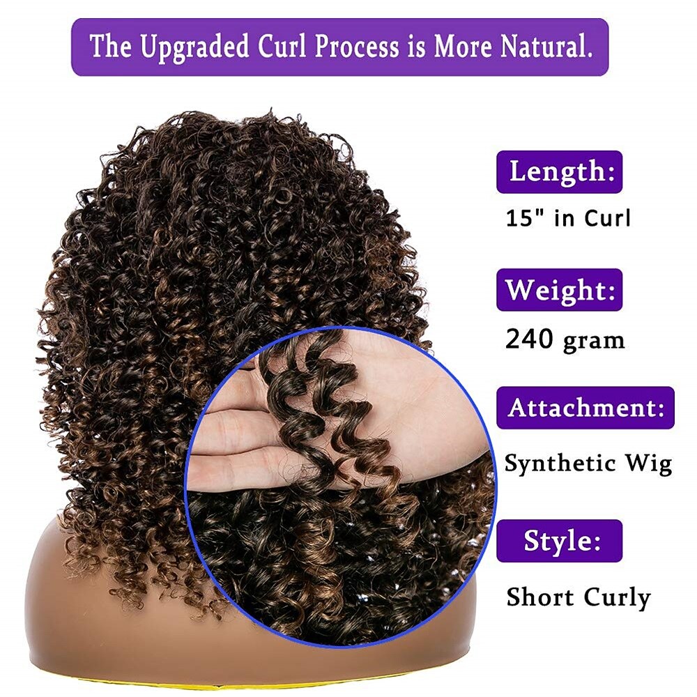 gekrulde pruiken voor zwarte vrouwen - kinky afro krullende pruik met pony 2 toon blond gemengd bruin kleur synthetisch hittebestendig volledige pruiken kerstfeestpruiken 2025 - $21.99 –P4