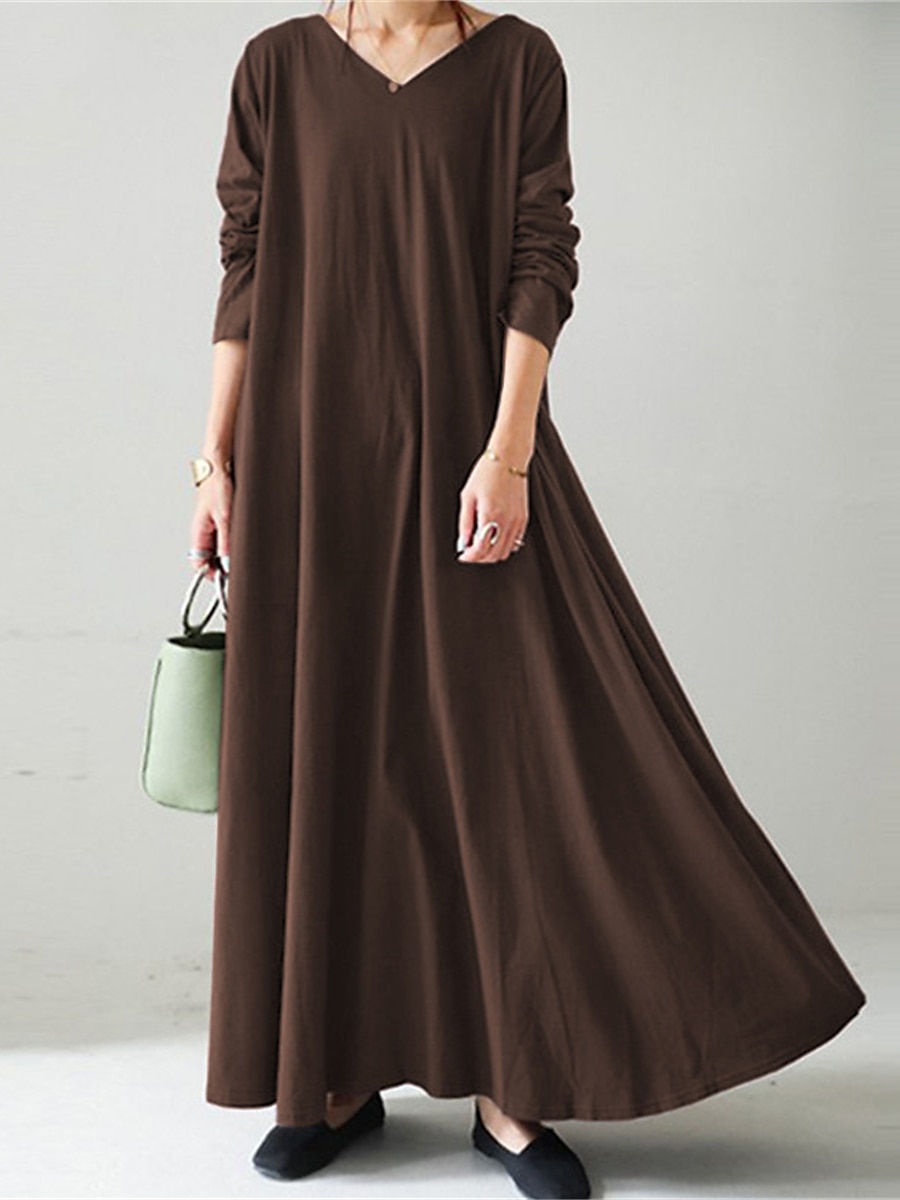 Women's Long Dress Maxi Dress Linen-Inspired Dresses Black Dress Casual Dress Winter Dress Fashion Streetwear Mature Outdoor Street Daily Loose Fit Long Sleeve V Neck Black Yellow Brown Dark Blue 2025 - $28.99 –P8