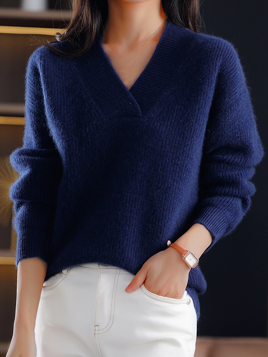 Damen Pullover Stilvoll Brautkleider schlicht Weich Feste Farbe Gerippt V Ausschnitt überdimensional Langarm Normale Oberteile Stricken Outdoor Täglich Ausgehen Marineblau Blau Herbst Winter 2025 - $31.99 -P5