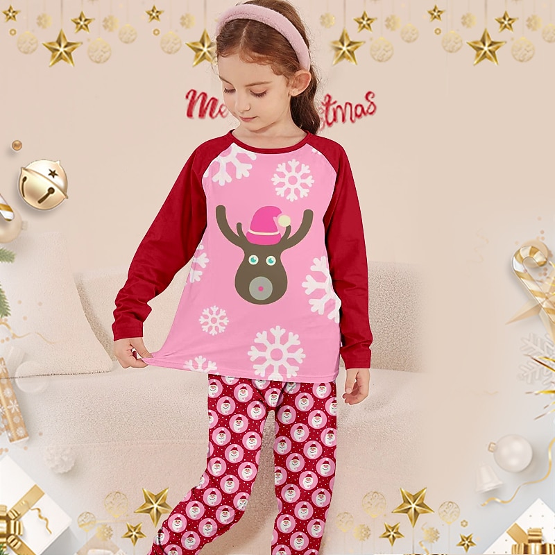 Flickor 3D jultomten Pyjamas set Långärmad 3D-tryck Höst Vinter Aktiv Mode söt stil Polyester Barn 3-12 år Rund hals Hem Casual Inomhus Normal 2025 - $18.99 –P9