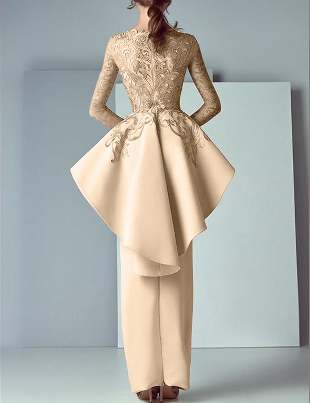 Sheath Mother of the Bride Dress Formal Wedding Guest Elegant Party Scoop Neck Floor Length Lace Stretch Fabric Long Sleeve Ruffles Appliques free custom size 2025 - $227.99 –P2