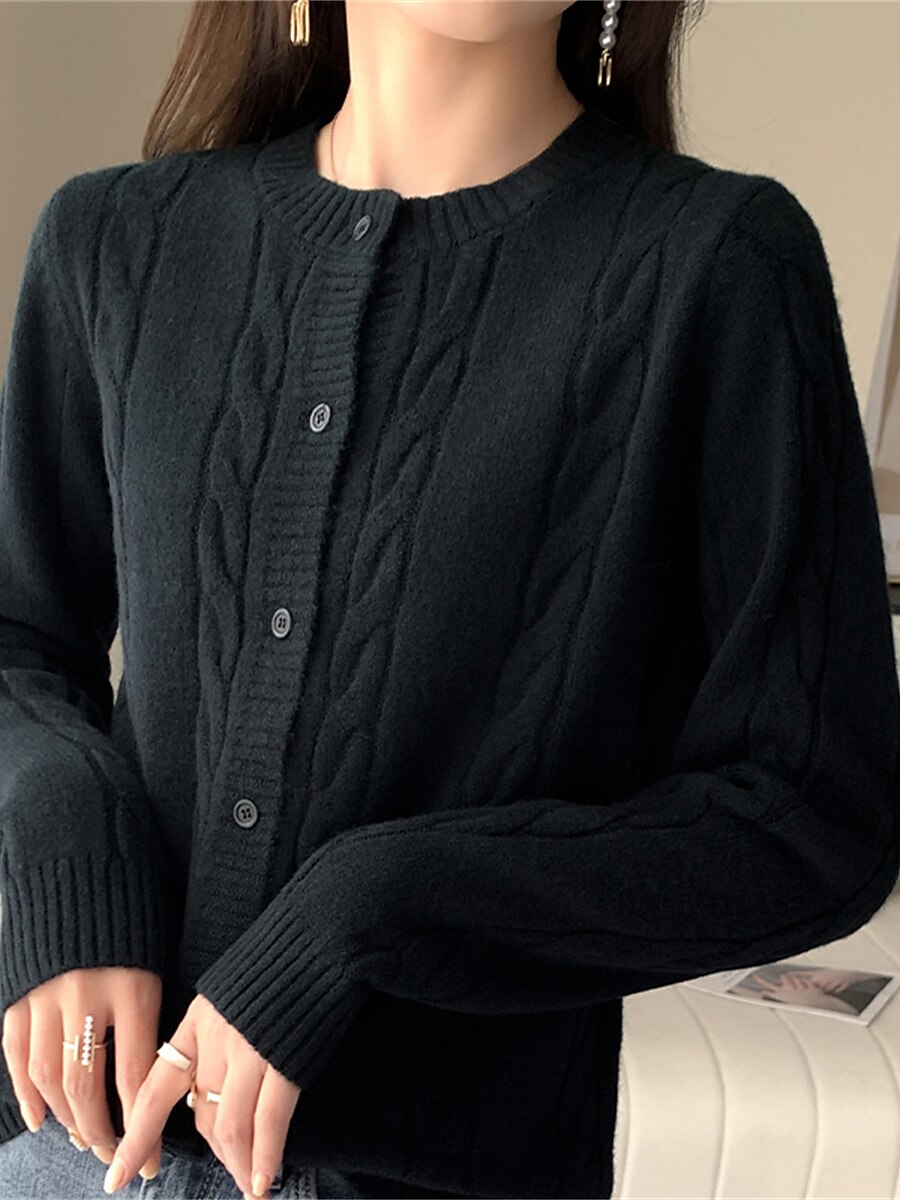 Women's Cardigan Sweater Jacket Crew Neck Cable Knit Polyester Button Knitted Fall Winter Regular Outdoor Daily Going out Fashion Streetwear Casual Long Sleeve Solid Color off white Black Camel S M L 2023 - US $28.99 –P10