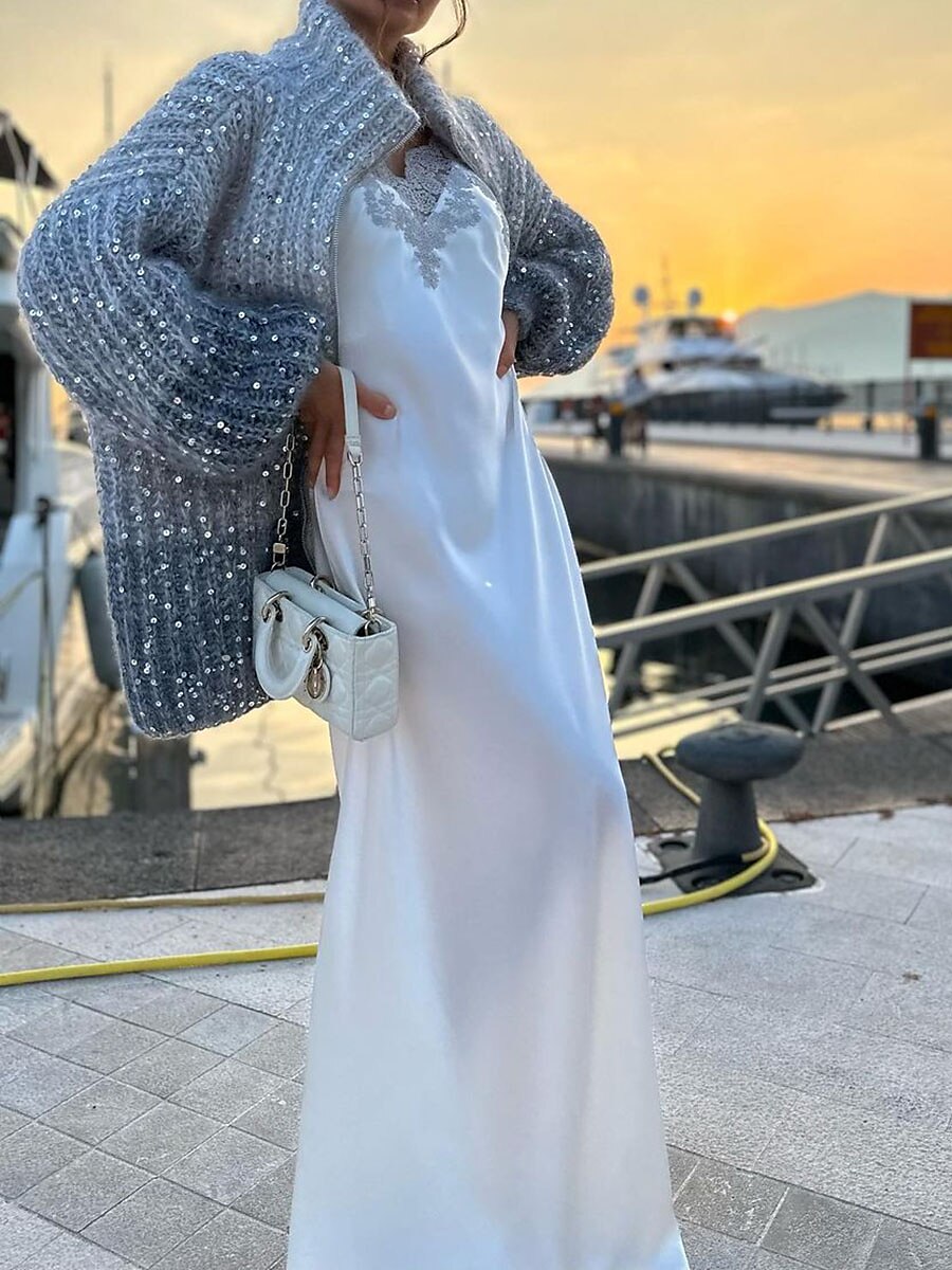 Women's Cardigan Sweater V Neck Ribbed Knit Polyester Sequins Patchwork Zipper Fall Winter Regular Outdoor Daily Going out Stylish Casual Soft Long Sleeve Color Gradient Blue Beige XS S M 2023 - US $53.99 –P8