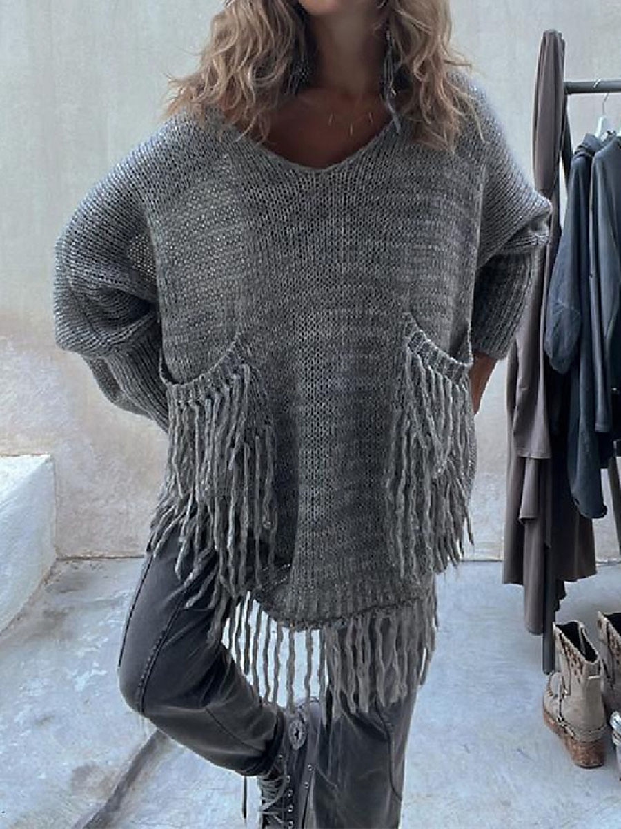 Dame Pullover genser Mote Gatemote Fritid Helfarge Riflet Crew-hals Lomme Dusker Strikket Langermet Lange topper Strikke utendørs Daglig Ut på byen Kamel Grønn Høst Vinter 2025 - $41.99 –P7