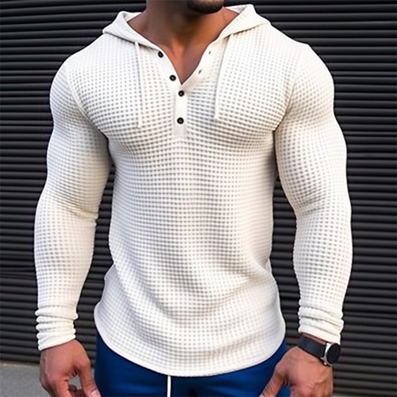 Herren T Shirt Waffel-Henley-Hemd T-Shirt Langarmshirt Langarm Mit Kapuze Frühling & Herbst Farbblock Mode Designer Basic Patchwork Urlaub Straße Ausgehen Weiß Khaki Armeegrün Top T-Shirt für Herren 2025 - $22.99 –P2