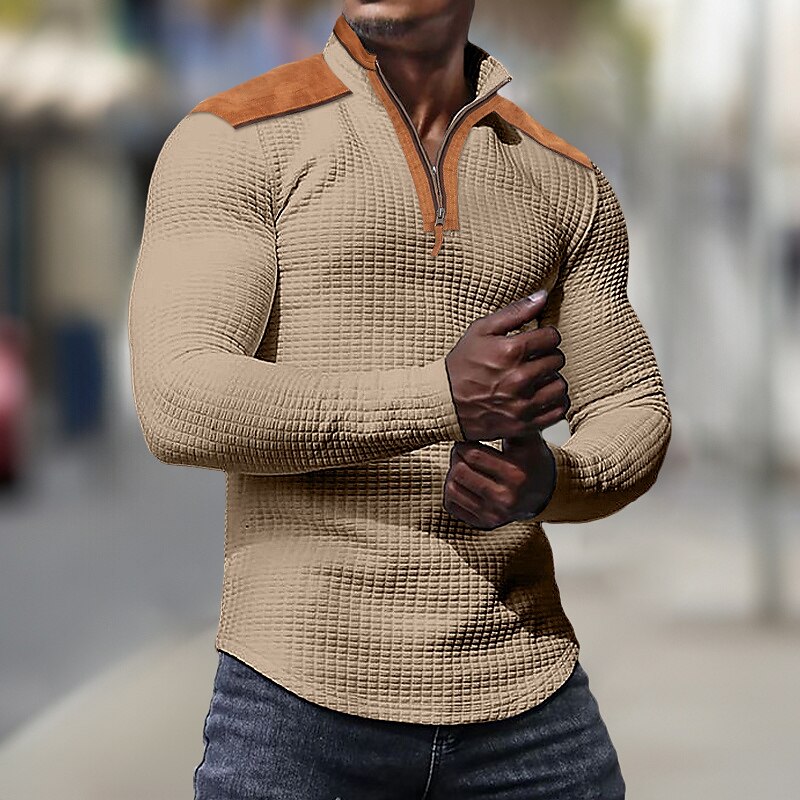 Men's Waffle Tee Waffle Shirt T Shirt Tee Top Long Sleeve Standing Collar Spring &  Fall Color Block Fashion Designer Basic Patchwork Quarter Zip Vacation Street Going out Black White Navy Blue Top 2025 - $21.99 –P3