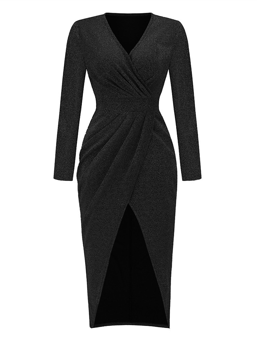 Mulheres Vestido preto Vestido de festa Vestido de convidada de casamento Franzido Fenda Decote V Manga Longa Formal Roupa de inverno Prata Preto Primavera Inverno de 2026 por $38.99 –P12