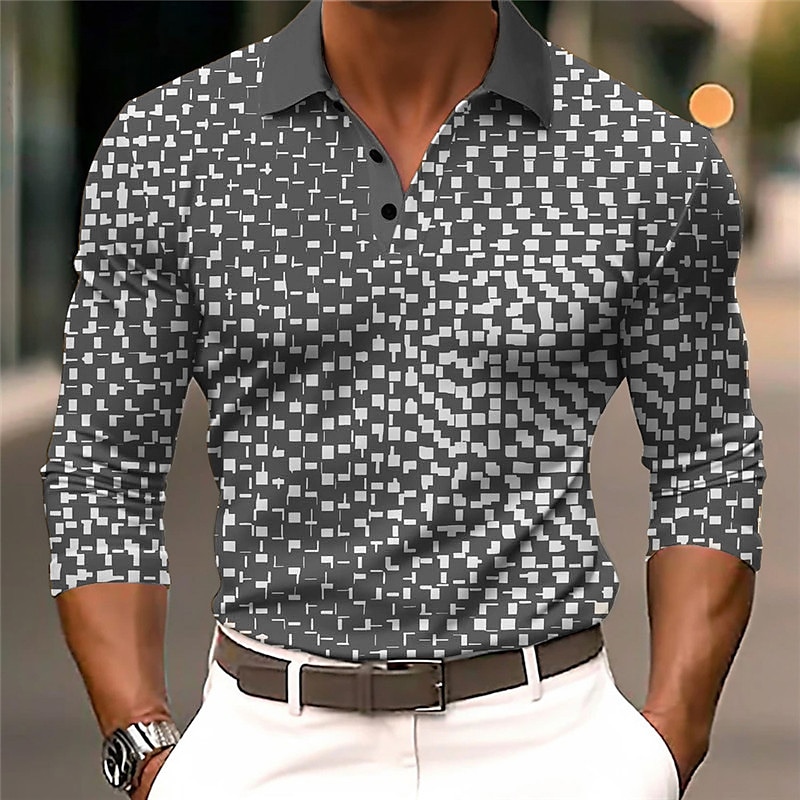 Men's Geometric Polo Shirts Golf Shirt Long Sleeve Polo Shirts Collared Shirts Business Casual WorkWear Formal Wear Festival Wear Buttons 3D Print Fall & Winter White Blue Brown 2025 - $23.99 –P4