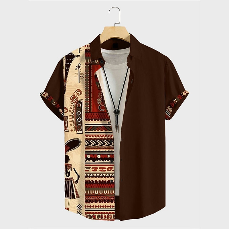 Hombre Tribal Étnico Impresión de pañuelo Camisa Abotonar la camisa Manga Corta Vintage Tribal Exterior Calle Casual Diario Otoño Cuello Vuelto Botones Estampado Negro Azul Marrón 2026 - $25.99 –P5