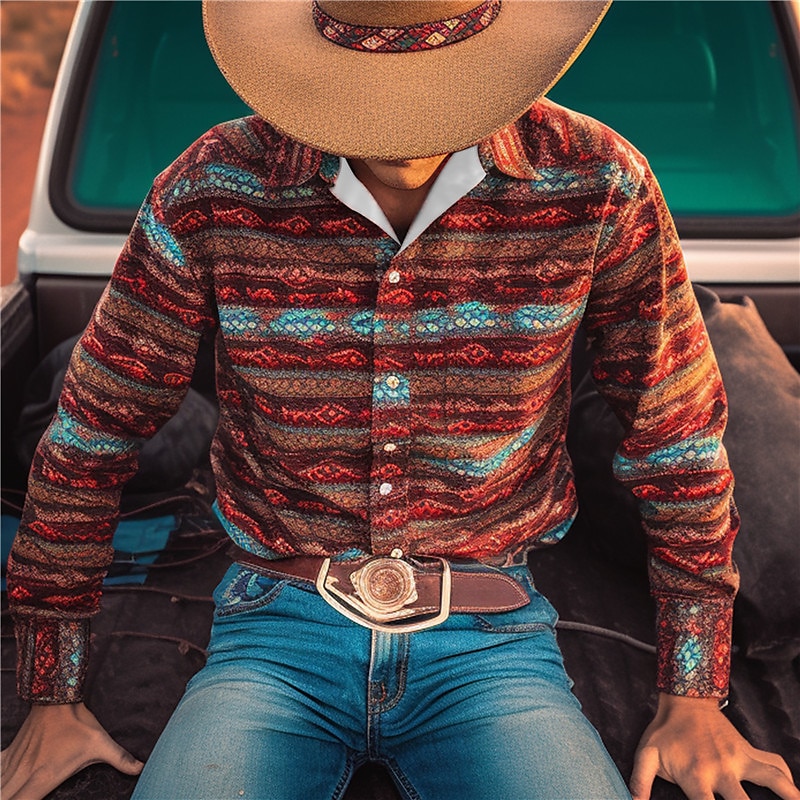 Men's Color Block Geometry Shirt Western Shirt Cowboy Shirt Long Sleeve Vintage Western Style Daily Wear Going out Weekend Fall & Winter Turndown Print Button-Down Burgundy Brown 2026 - $28.99 –P2