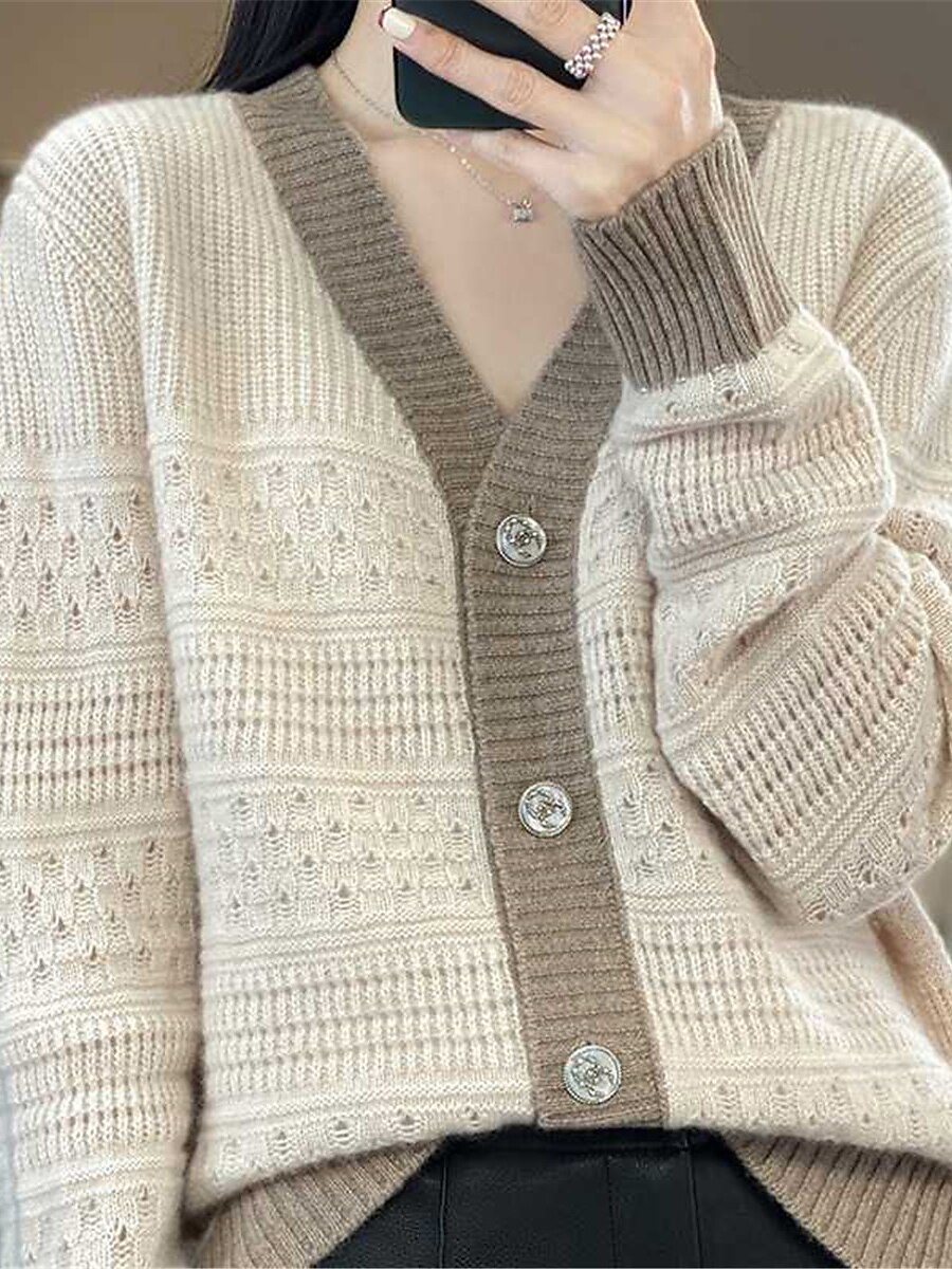 Women's Cardigan V Neck Ribbed Knit Polyester Button Knitted Fall Winter Short Outdoor Daily Going out Stylish Casual Soft Long Sleeve Solid Color Black White Khaki One-Size 2023 - US $25.99 –P1